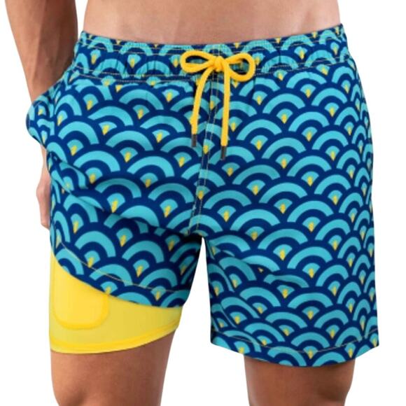 Capelle Clouds L Mens Mid Length Hybrid Short Collins Swim  Blue Yellow - Picture 1 of 10